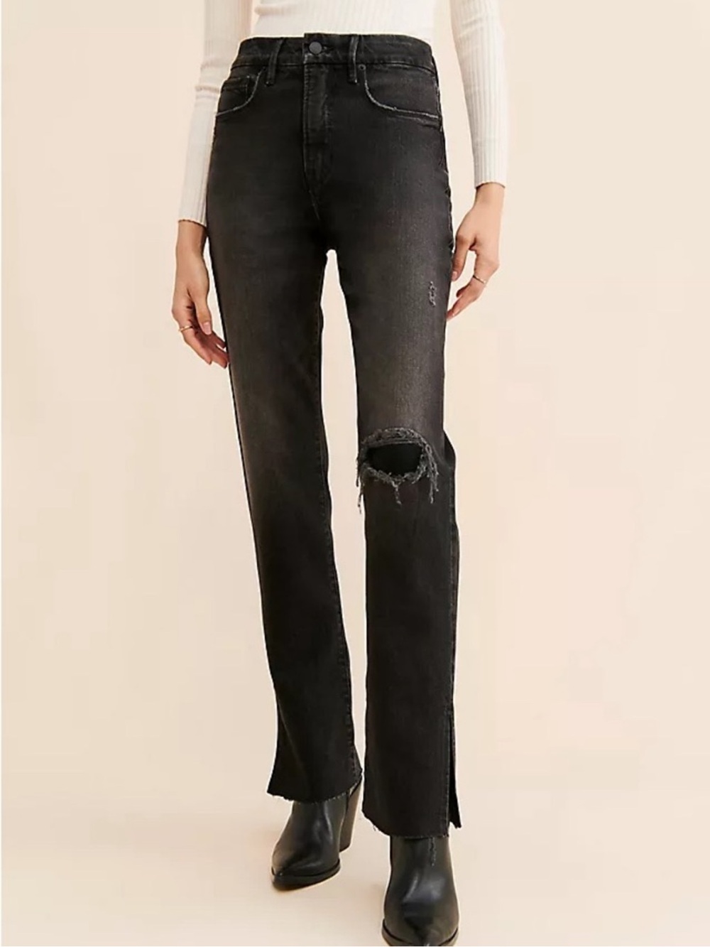 Good American Jeans 2 26 Black GOOD BOY STRAIGHT LEGS Busted Knee